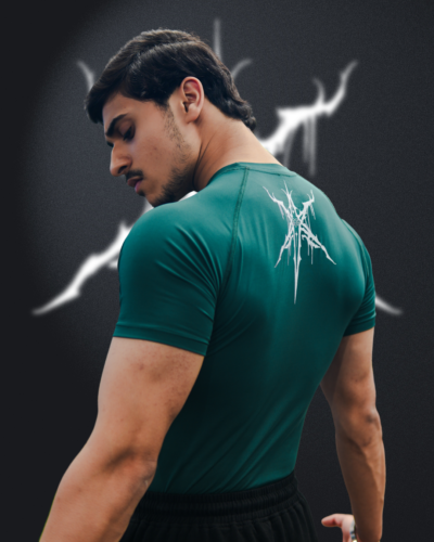 Young Goat green compression t-shirt shoulder and back graphic detail — men's gym wear India