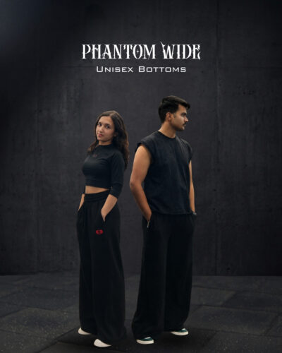 Young Goat Phantom Wide unisex black wide leg bottoms men and women studio shot India